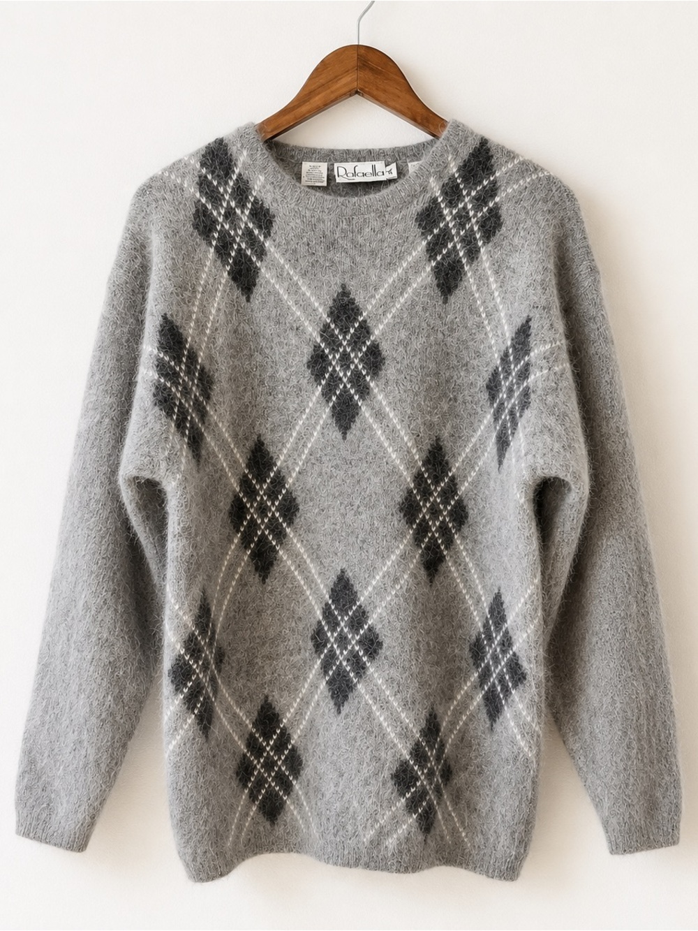 Soft Academia Argyle Fuzzy Angora Sweater Grandpa Core Cozy Preppy M Wool F62